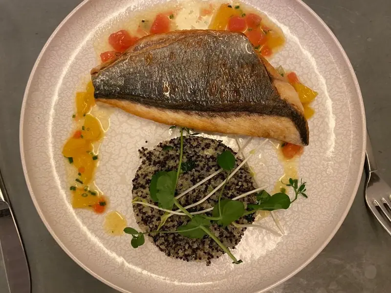 Crispy skin fish fillet with tri-color quinoa, citrus tomato salsa, and microgreens on a white ceramic plate