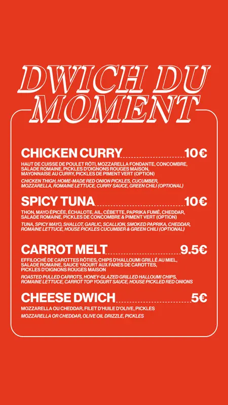 Sandwich menu board featuring Chicken Curry, Spicy Tuna, Carrot Melt, and Cheese Dwich priced 5–10€.