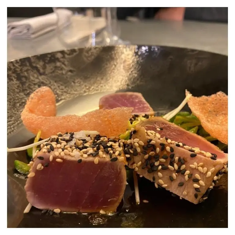 Seared sesame-crusted ahi tuna with grapefruit segments and green vegetables on a dark plate